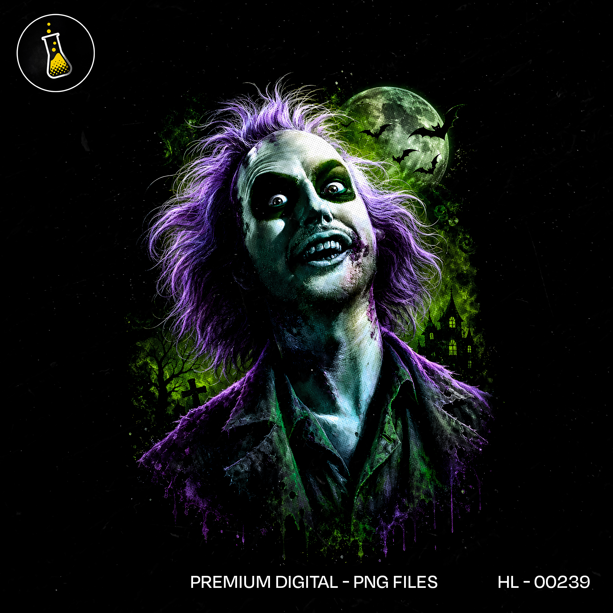 Purple Haired Ghoul Green Moon Halloween Estampa