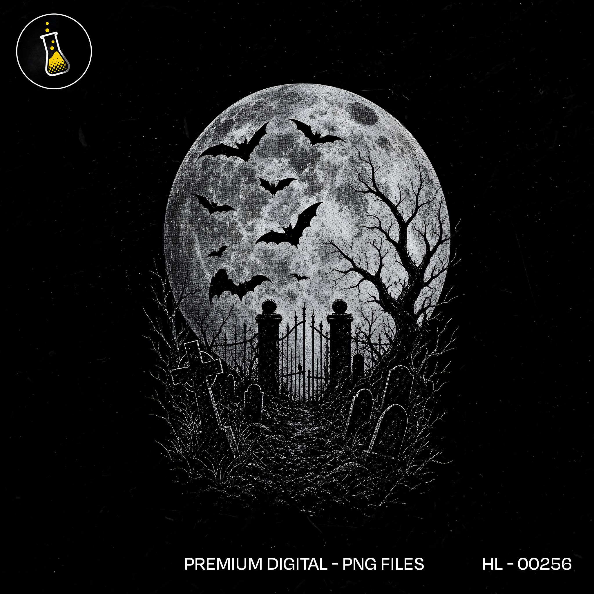 Spooky Graveyard Full Moon Bats Halloween Estampa