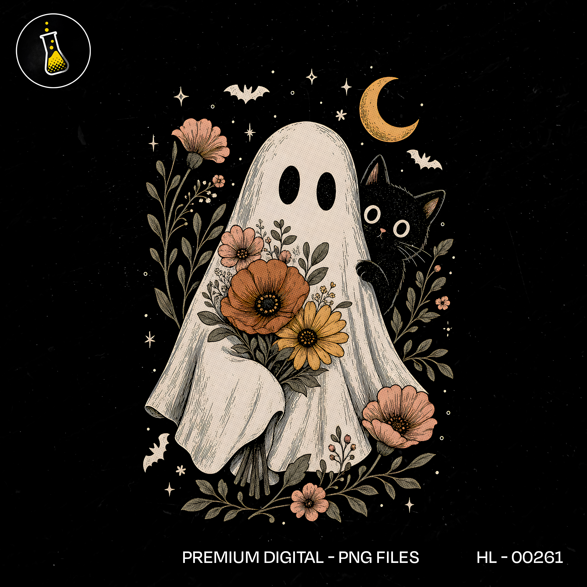 Cute Ghost Flowers Black Cat Halloween Estampa