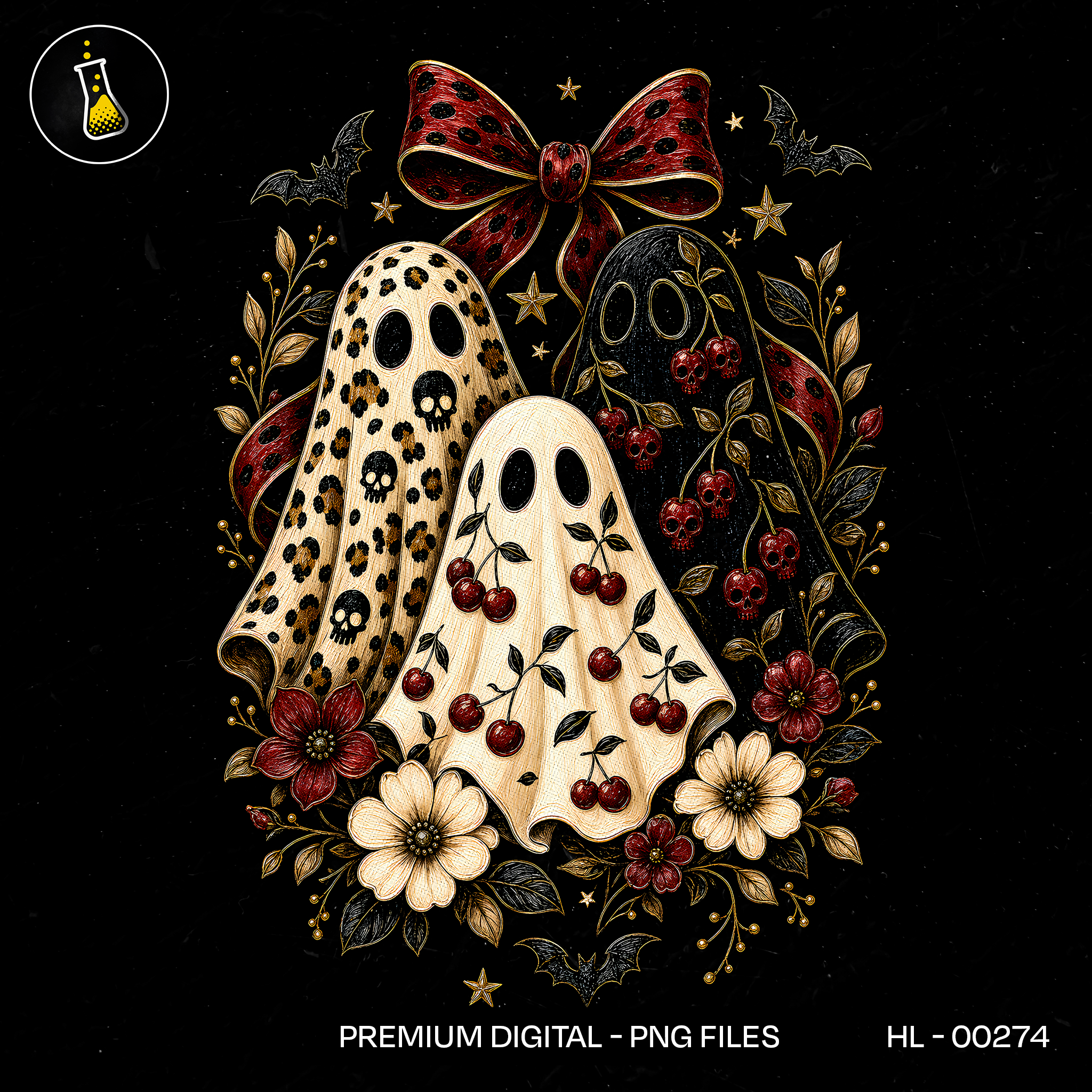 Cute Cherry Ghost Trio Floral Halloween Estampa