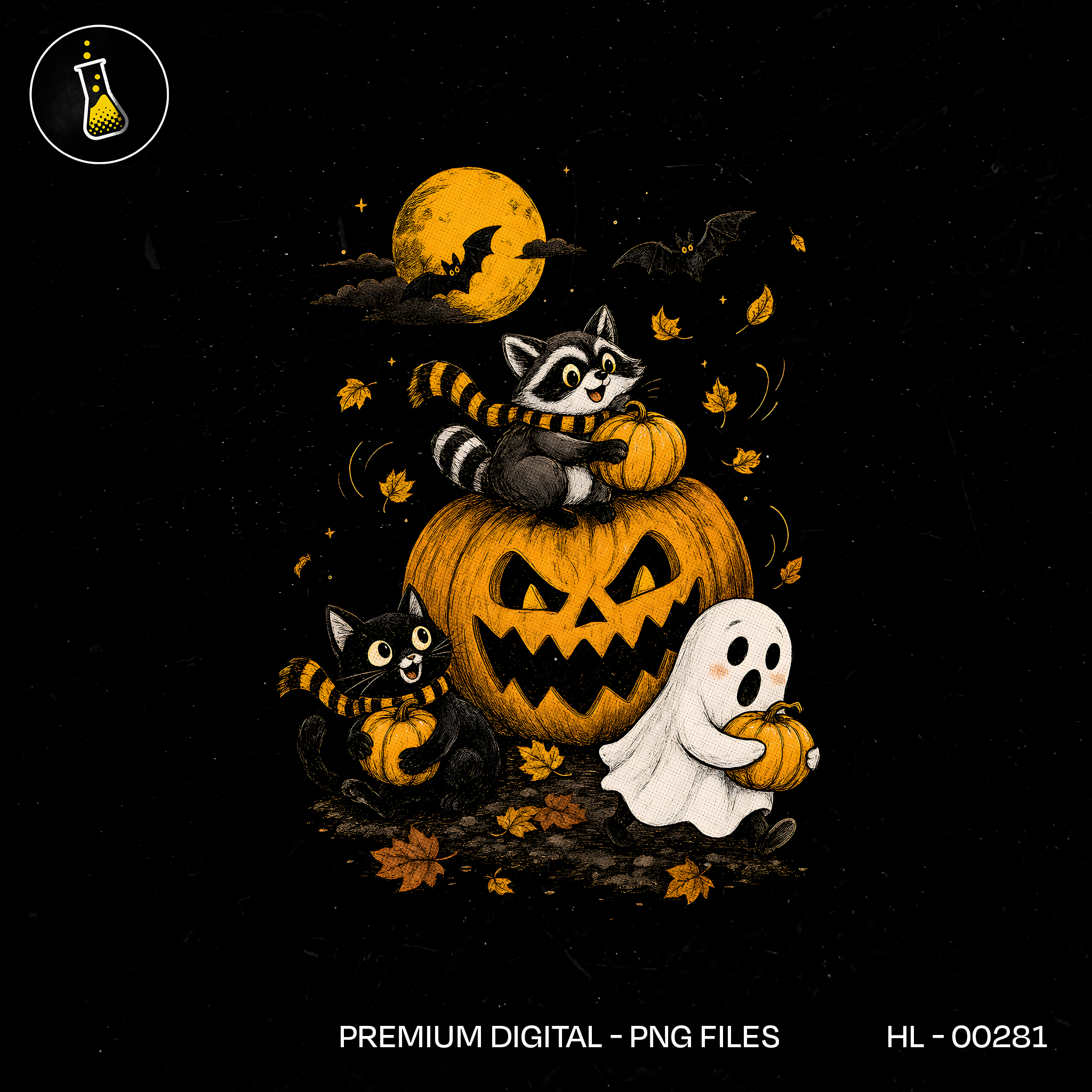 Cute Raccoon Cat Ghost Pumpkin Halloween Estampa