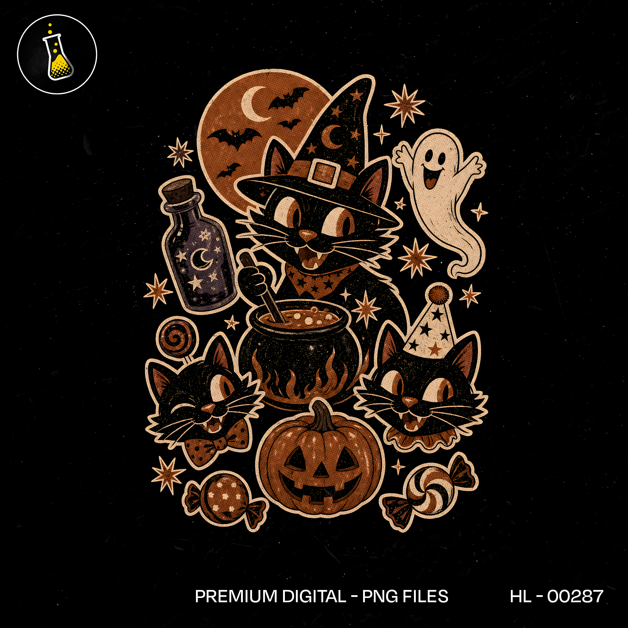 Cute Black Cats Cauldron Ghost Halloween Estampa