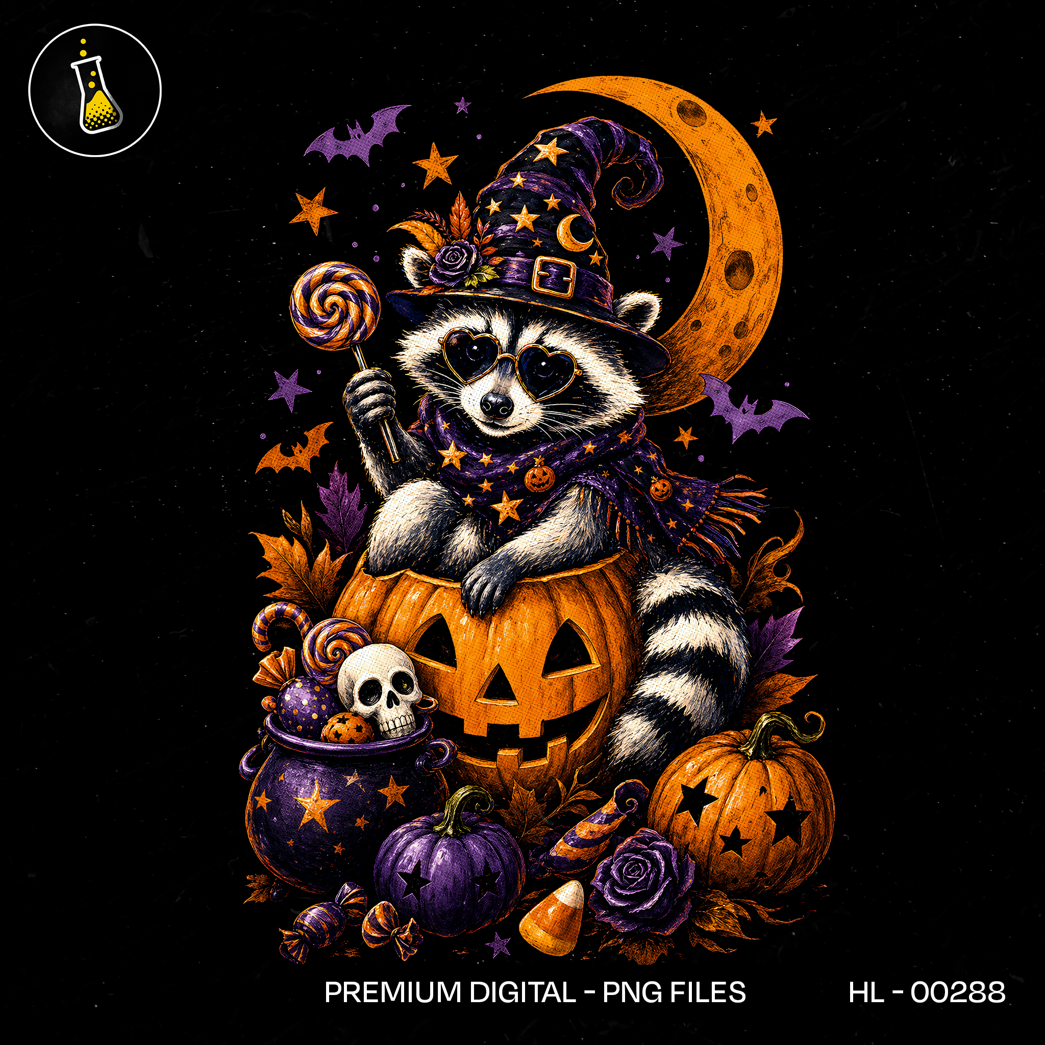 Cute Raccoon Witch Pumpkin Moon Halloween Estampa