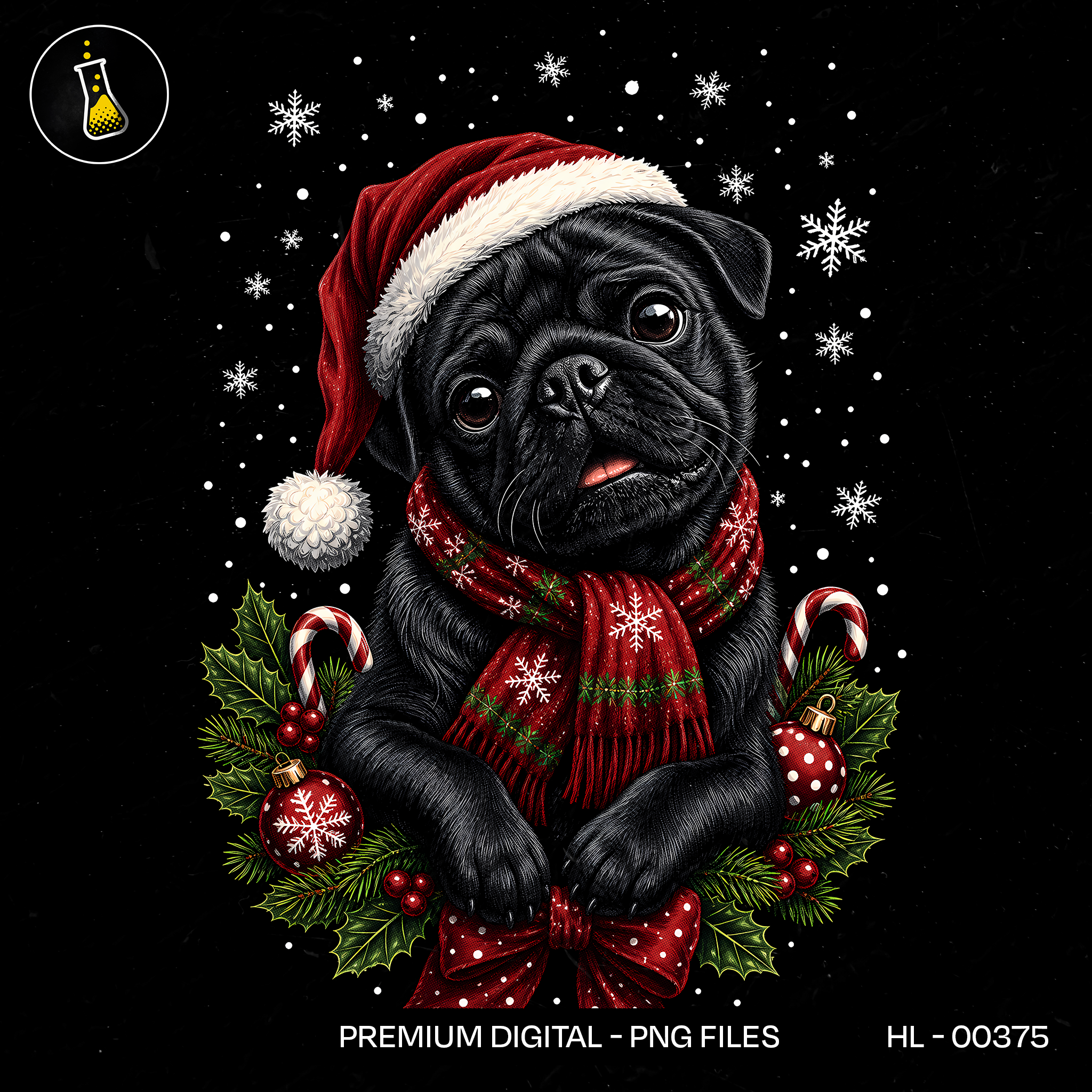 Pug Preto Gorro de Papai Noel Estampa