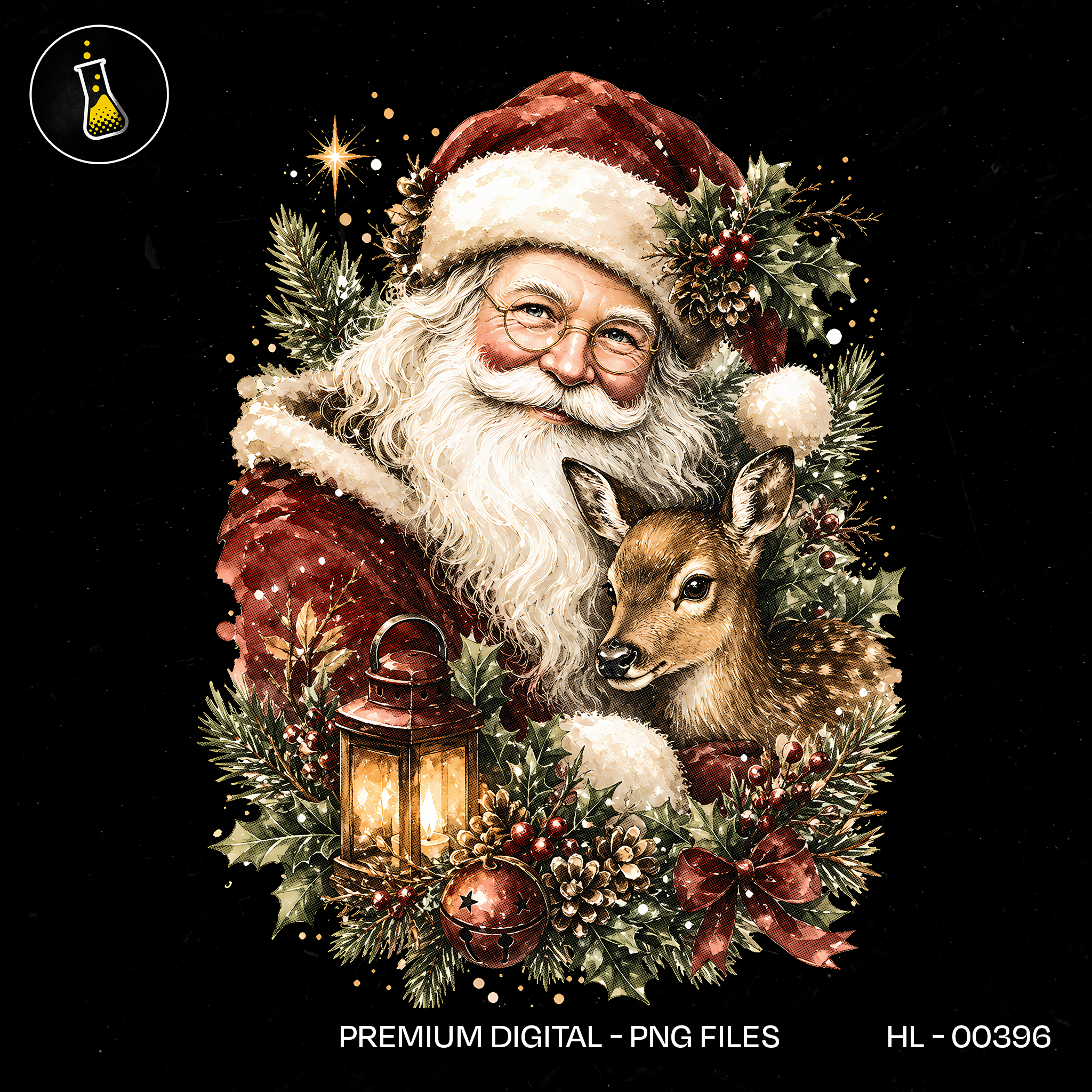 Papai Noel Abraçando Filhote de Cervo Estampa