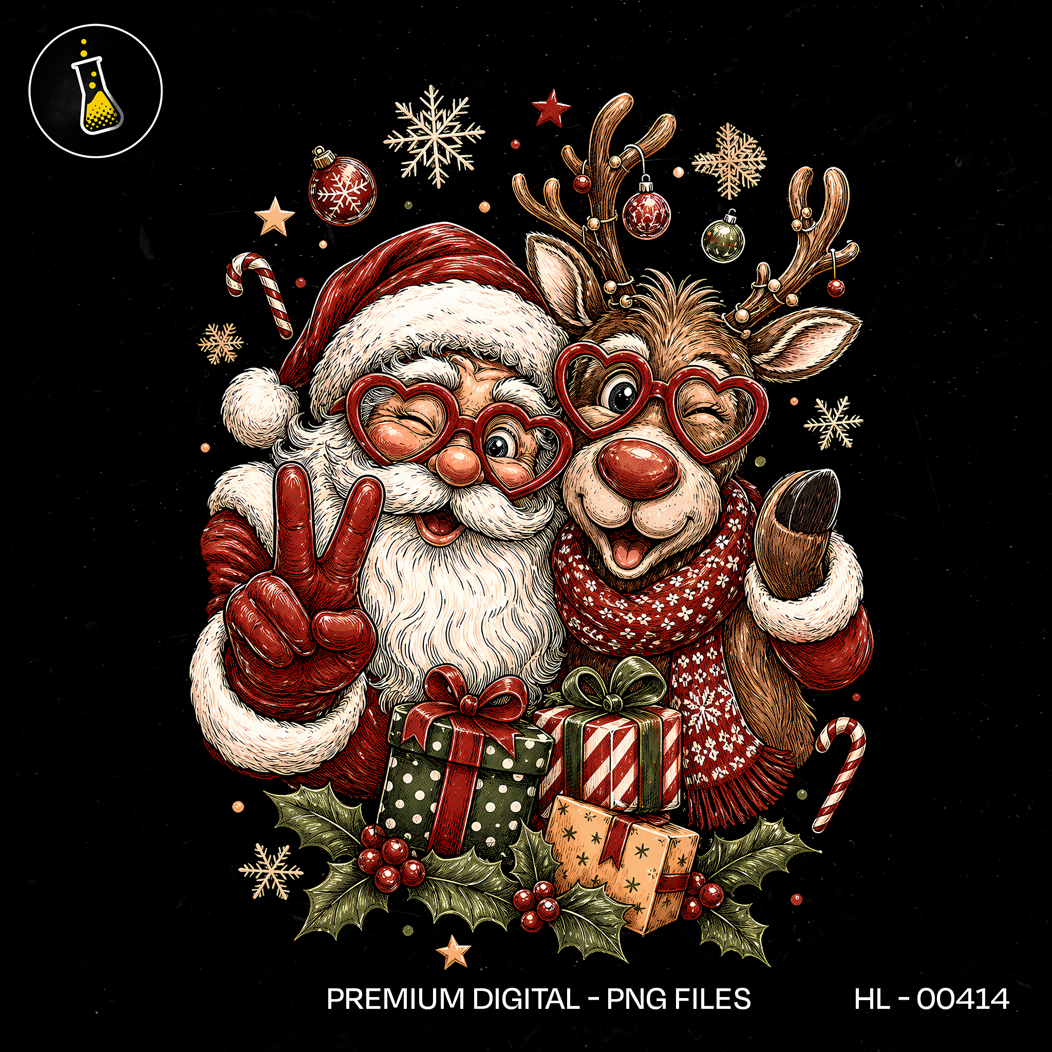 Papai Noel Rena Óculos de Coração Estampa