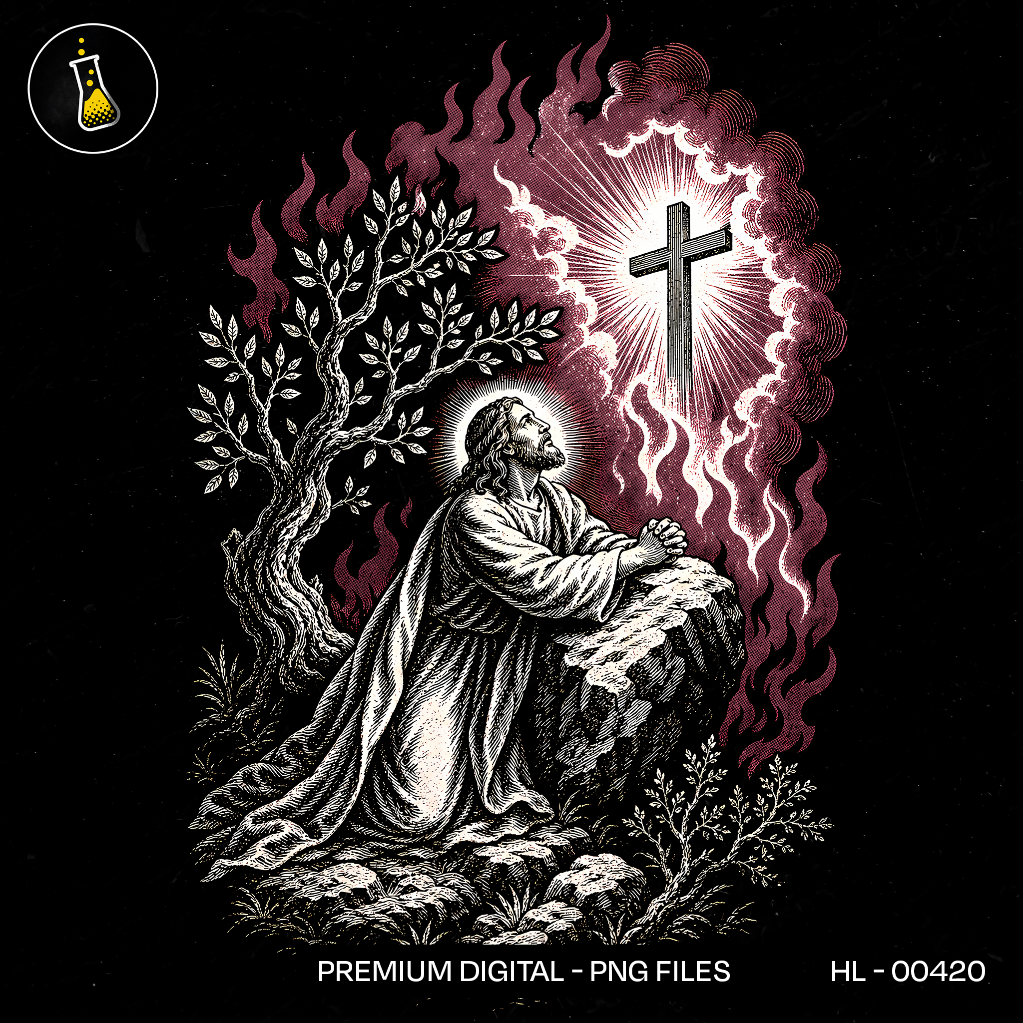 Jesus Orando Diante da Cruz Brilhante Estampa